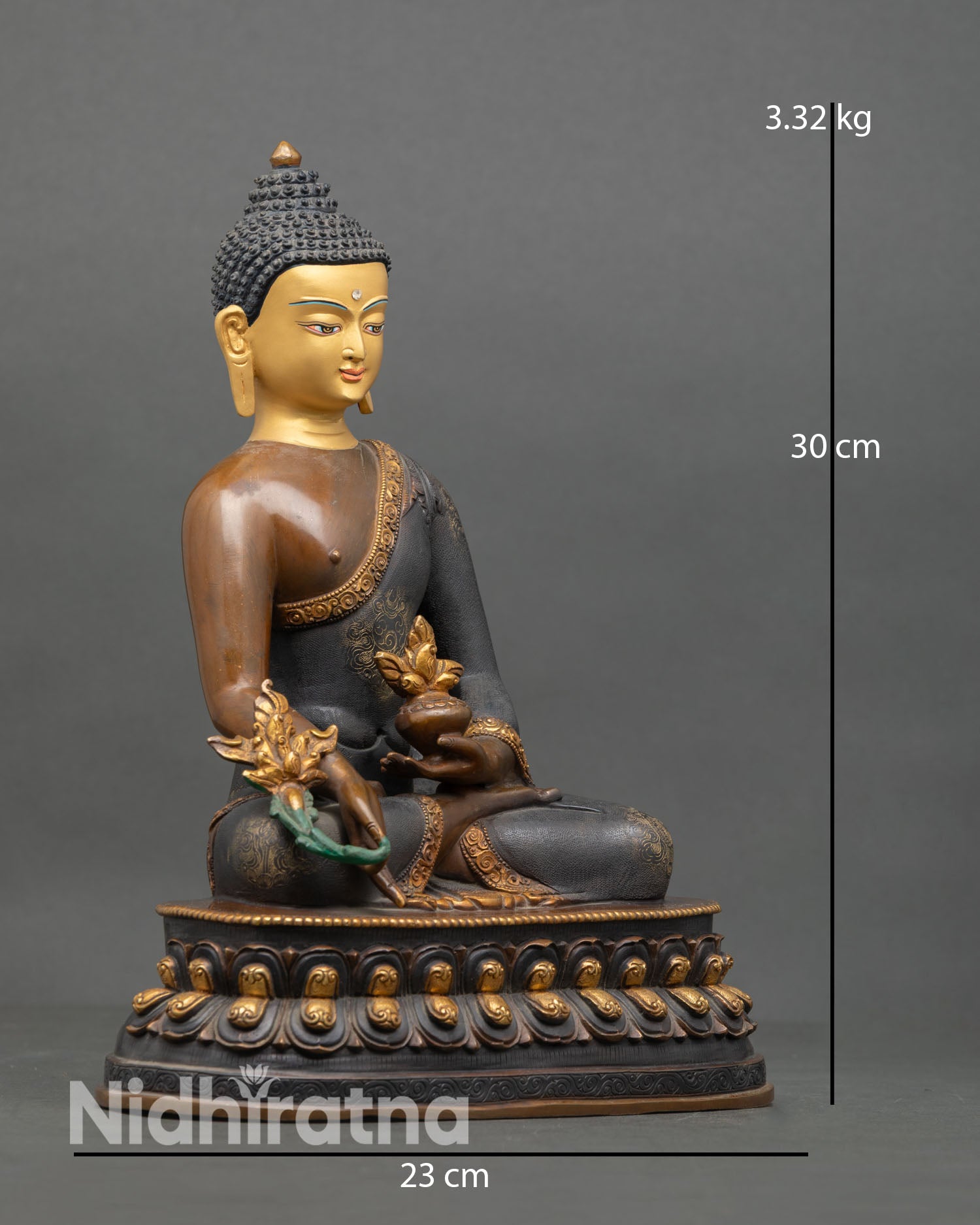 Side view of Medicine Buddha statue showing hand painted acrylic colors copper body craftsmanship and double lotus pedestal design for spiritual meditation space