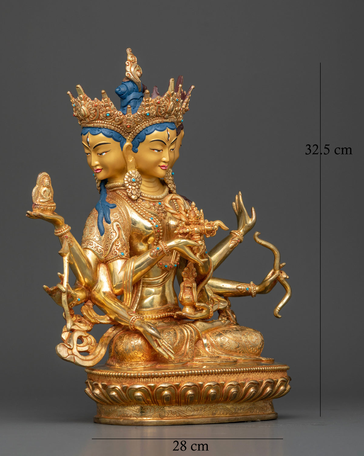 Side view of Namgyalma Buddhist statue showing sacred vase, double dorje, bow and arrow
