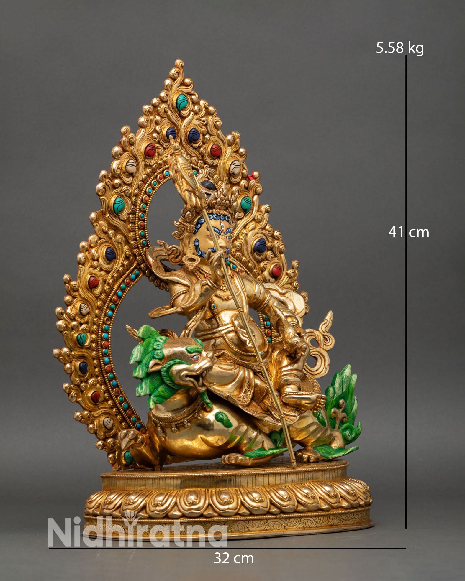 Side view of Namtoshe statue semi precious stones guardian deity for abundance and wealth