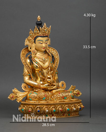 Side view of Nepalese Amitayus statue seated on moon disc and double lotus pedestal