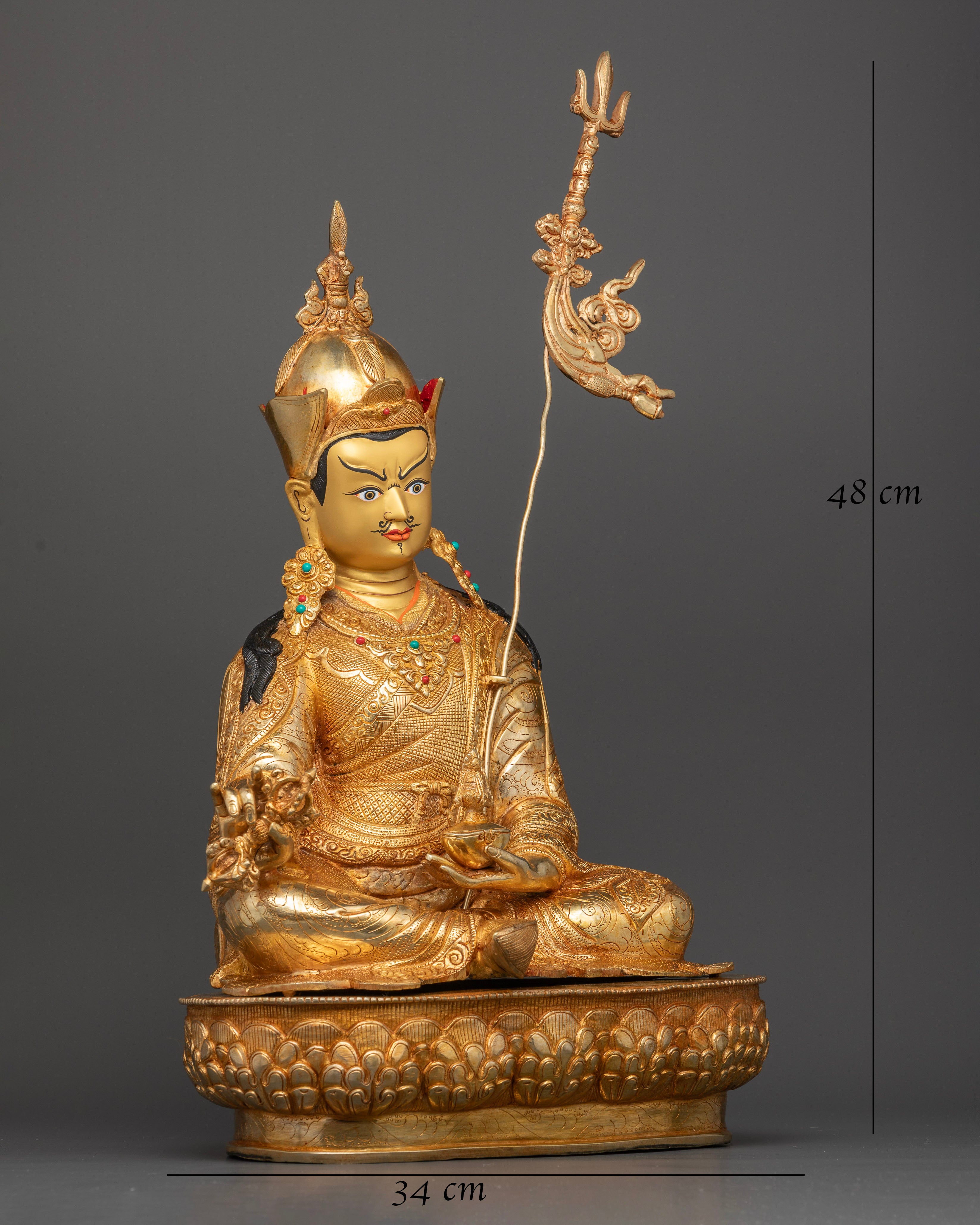 Side View of Nepalese Guru Padmasambhava Copper Statue Holding Vajra and Skull Cup