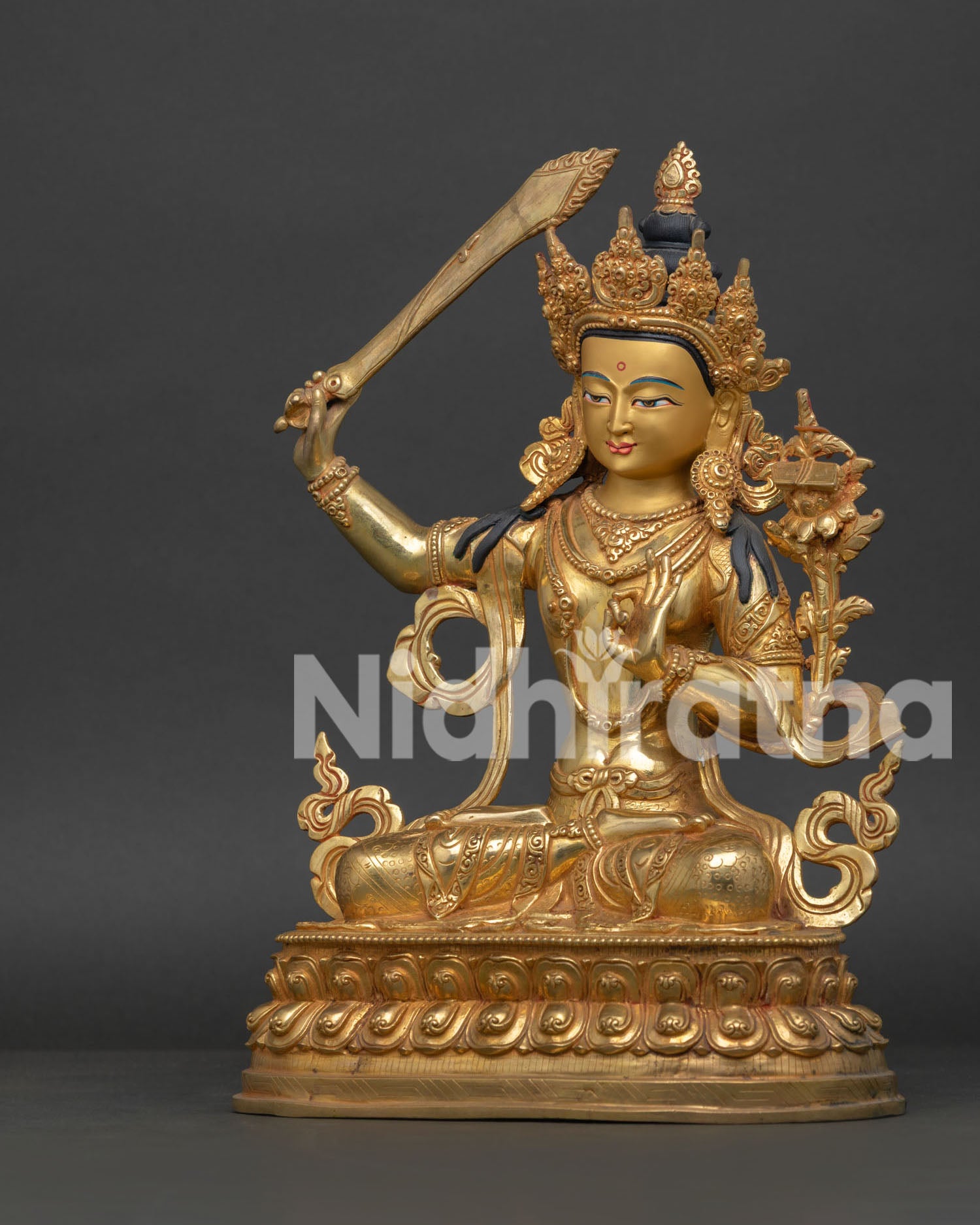 Side View of Nepalese Manjushri Statue with Flaming Sword and Celestial Jewelry