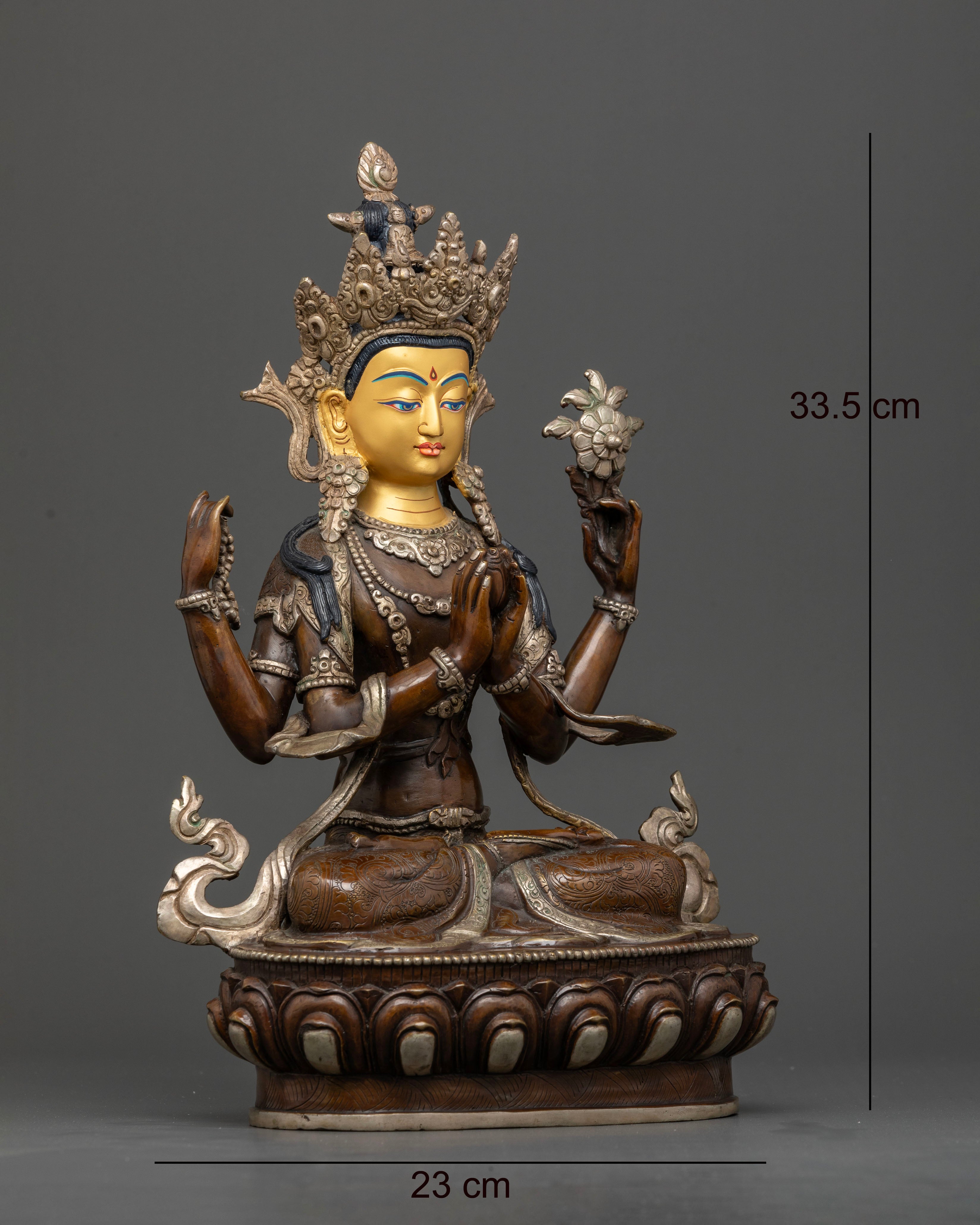 Side view of oxidized copper Chenrezig Buddhist statue with silver plated details