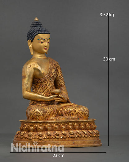 Side view of Pure Land Buddha statue depicting seated meditation posture with flowing scroll motifs and traditional Newari metal artistry from Kathmandu Nepal