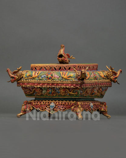 side view of sacred incense burner showing four directional dragon motifs and detailed copper craftsmanship