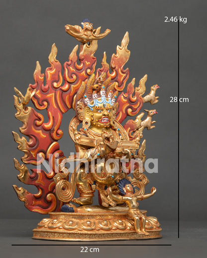 Side View of Sakya Mahakala Statue Holding Kartika and Kapala Ritual Objects