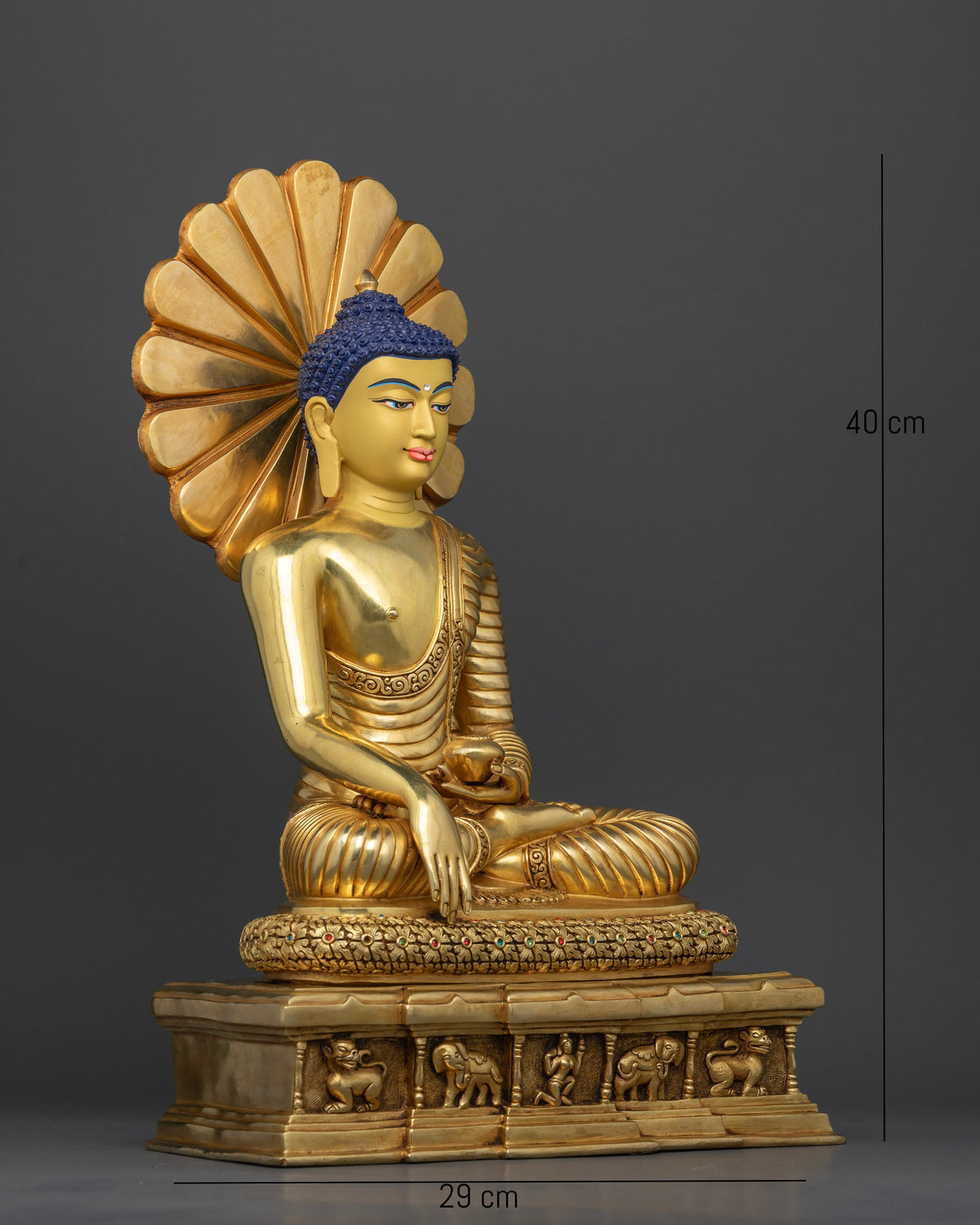 Side view of Shakyamuni Buddha seated in Bhumisparsha Mudra holding a Patra alms bowl on a jeweled lotus pedestal