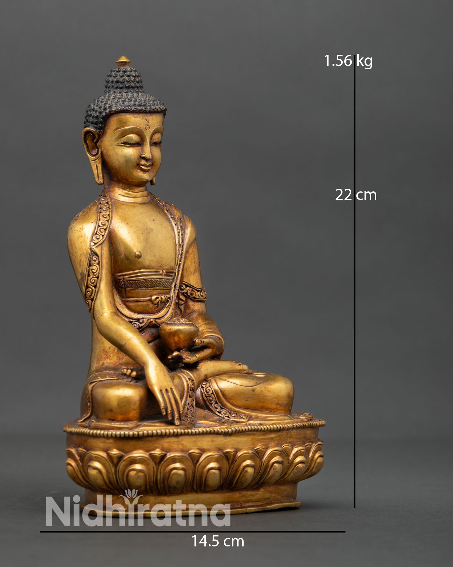 Side view of Shakyamuni Buddha meditation statue showing flowing robe details premium copper body gold gilded accents and sacred Nepalese artisan craftsmanship