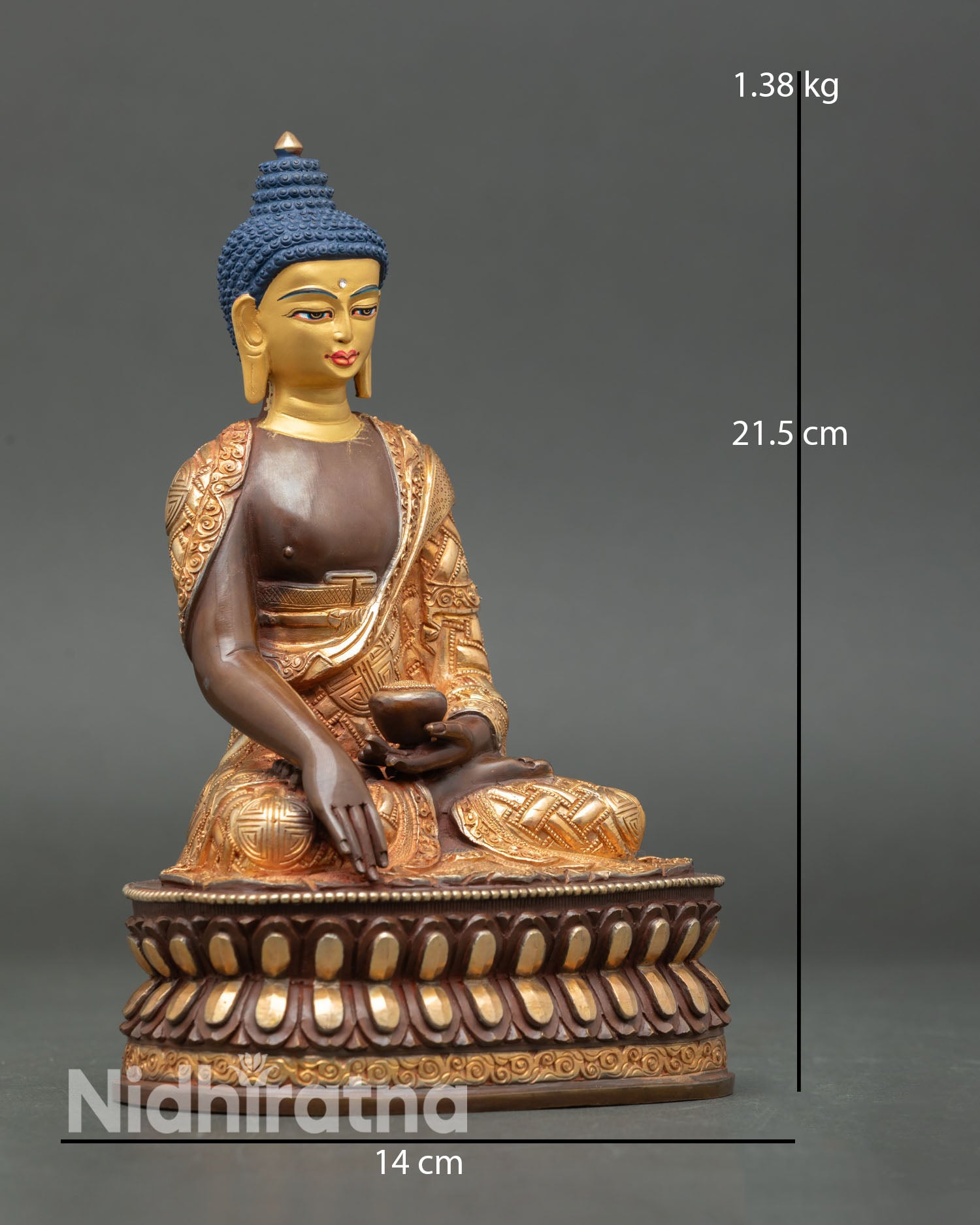 Side view of Shakyamuni Buddha seated on double lotus throne showing earth-touching mudra and patra bowl
