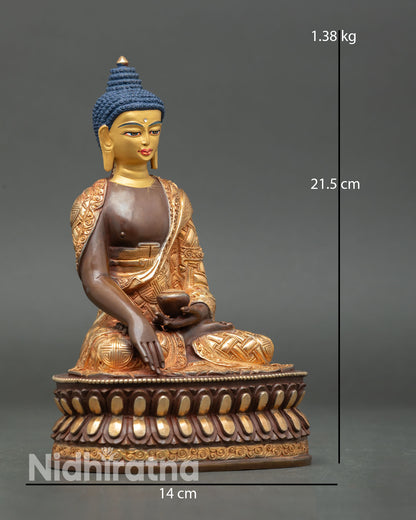 Side view of Shakyamuni Buddha seated on double lotus throne showing earth-touching mudra and patra bowl
