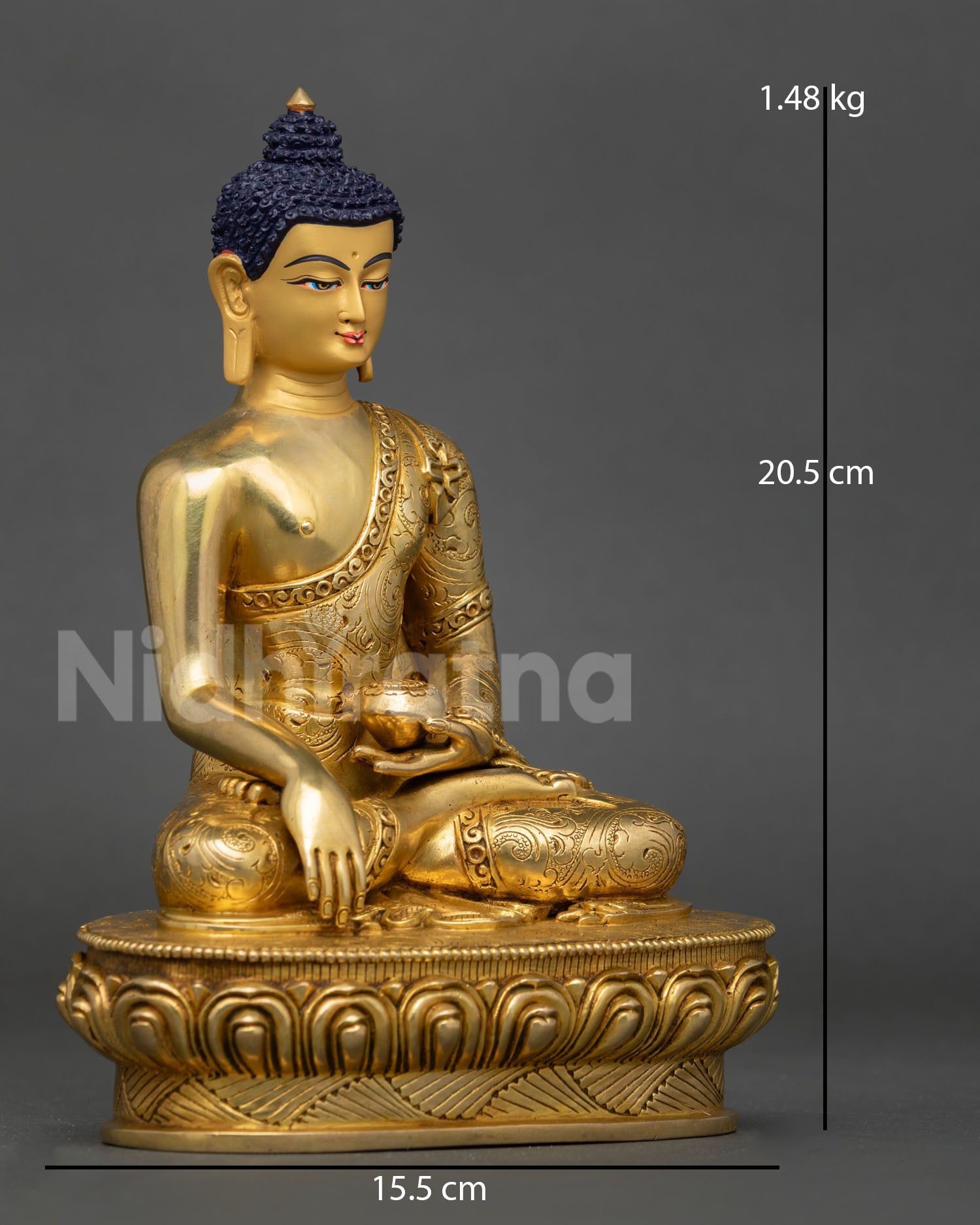 Side view of Shakyamuni Buddha showing monastic robe with floral motif detailing and copper body