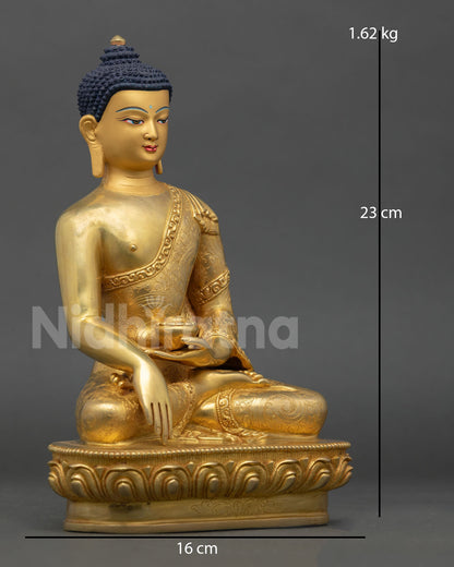 Side view of Shakyamuni Buddha statue displaying Earth Touching Mudra and detailed copper craftsmanship with gold fire gilding.