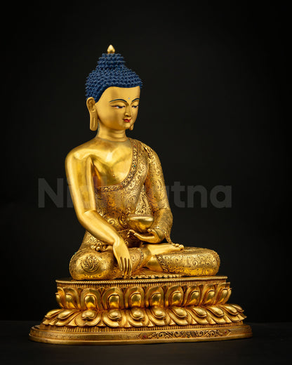 Side view of Shakyamuni Buddha Statue highlighting intricate 3D carved monastic robe with floral motifs and detailed Himalayan craftsmanship.