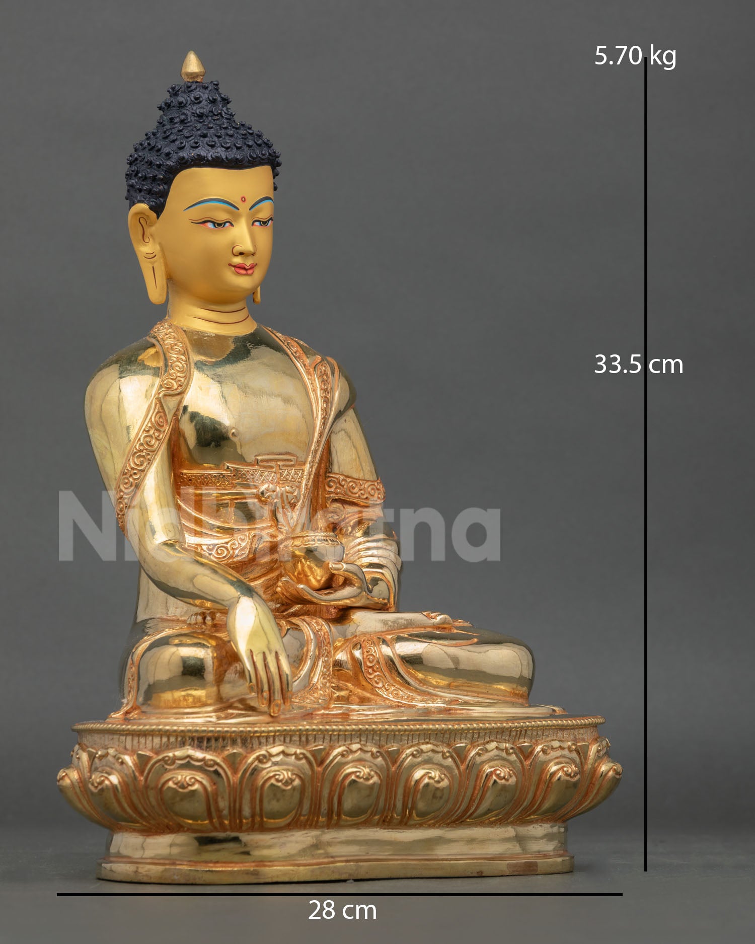 Side view of Shakyamuni Buddha statue in meditative posture showing lost wax casting copper craftsmanship and gold detailing