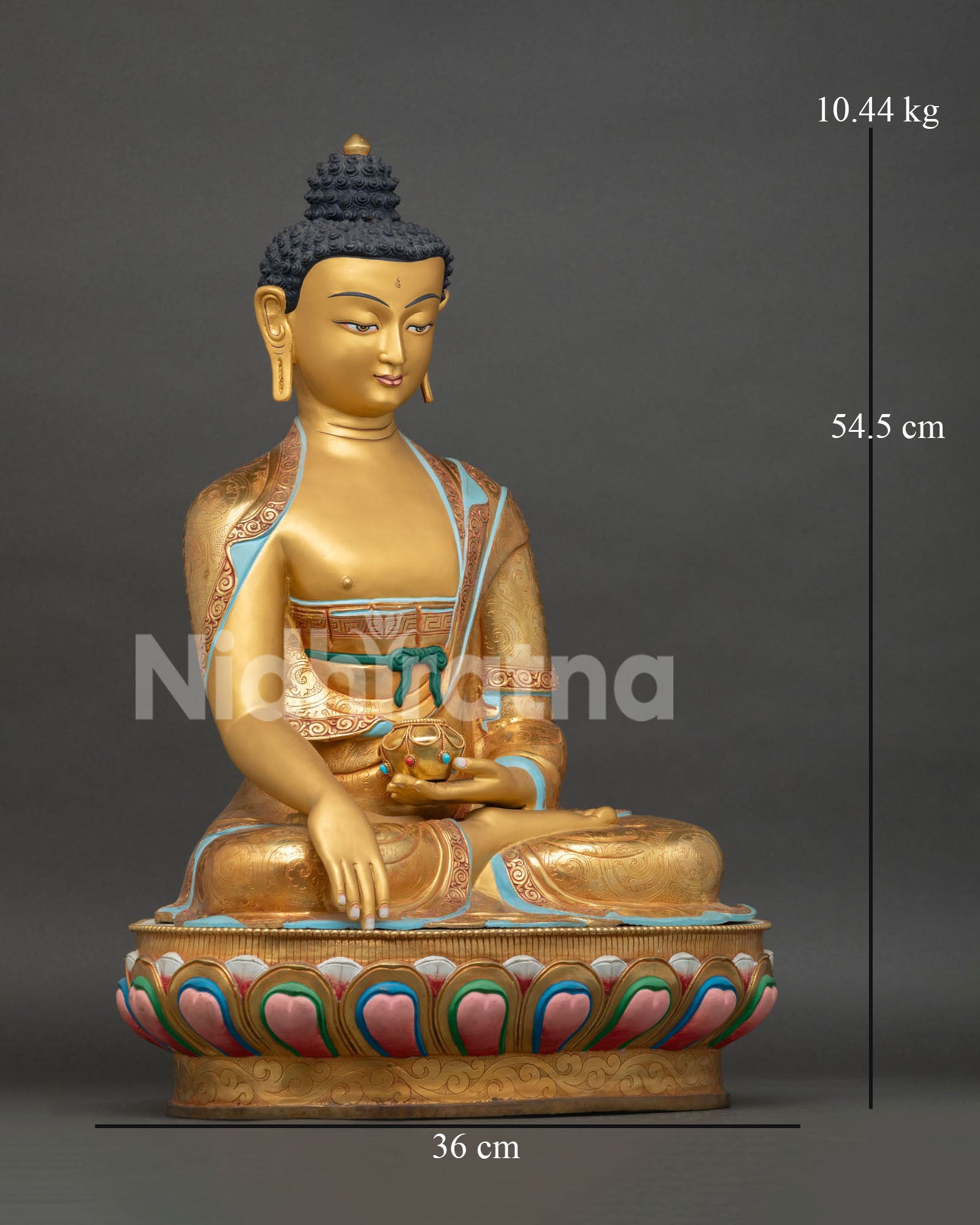 Side view of Shakyamuni Buddha statue, showcasing intricate gold gilded craftsmanship