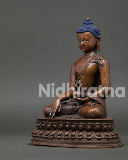 Side view of Shakyamuni Buddha statue showing dhyana mudra and traditional begging bowl on lotus pedestal.