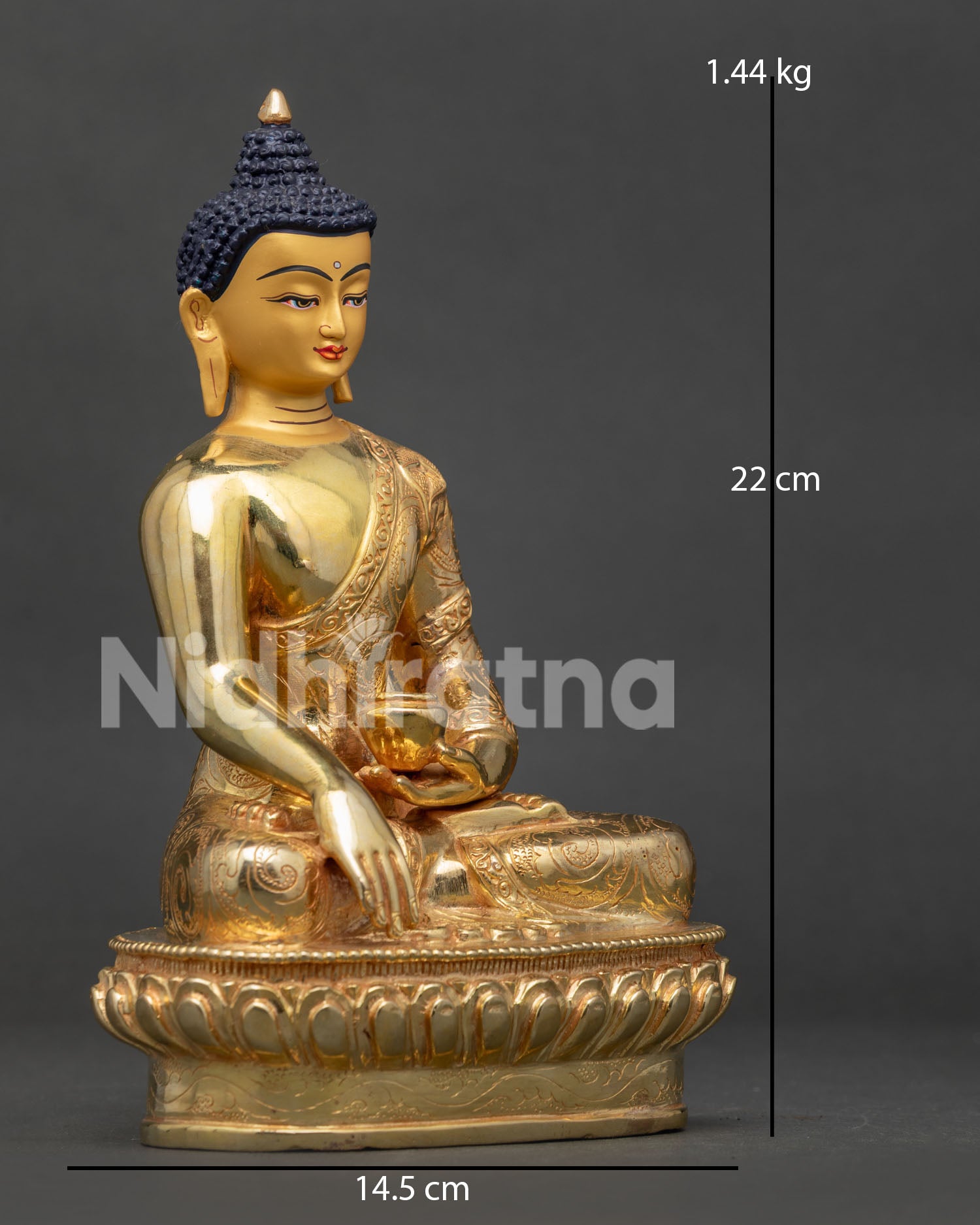 Side view of Shakyamuni Buddha Statue showing Earth Touching Mudra and Patra alms bowl details