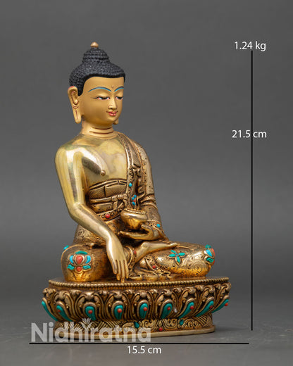 Side view of Shakyamuni Buddha statue vajra lotus posture Bhumisparsha Dhyana Mudra sacred bowl