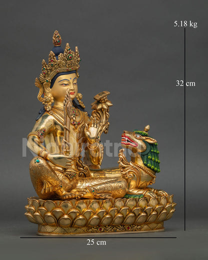 Side view of Simhanada Manjushree statue seated in royal ease posture beside roaring lion representing fearless wisdom and victory over ignorance