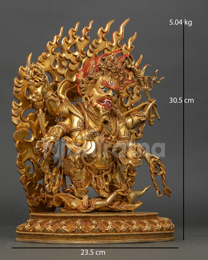 Side view of Six-Armed Mahakala holding skull rosary trident damaru and sacred ritual objects