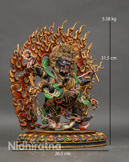 Side view of Six Armed Mahakala standing posture lotus base subdued figure kapala