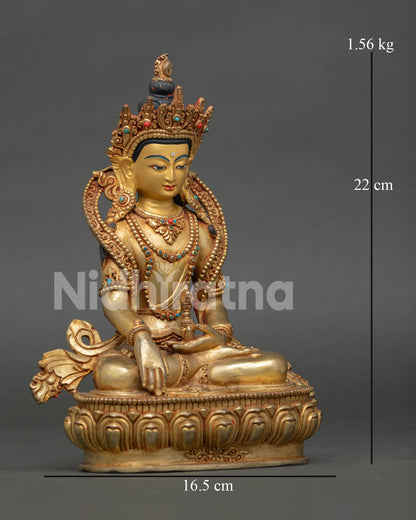 Side view of the handcrafted Mitrugpa Statue, showcasing the gold gilded copper body and traditional Himalayan Buddhist artistry.