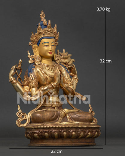 Side View of Tibetan Chenrezig Statue Holding Mala and Utpala Lotus Flower