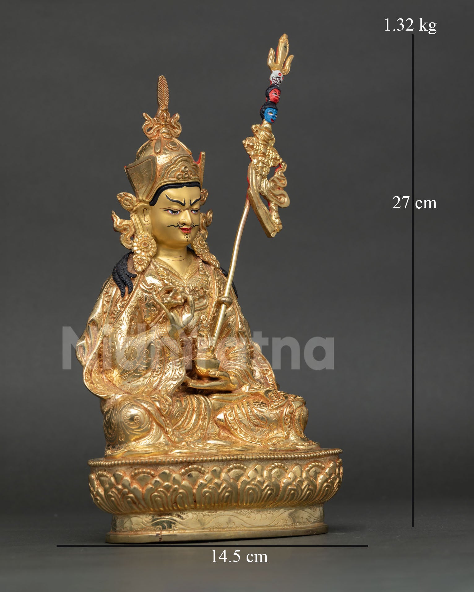 Side view of Tsokye Dorje statue, showing intricate copper metalwork, 24k gold ornaments and sacred tantric iconography details