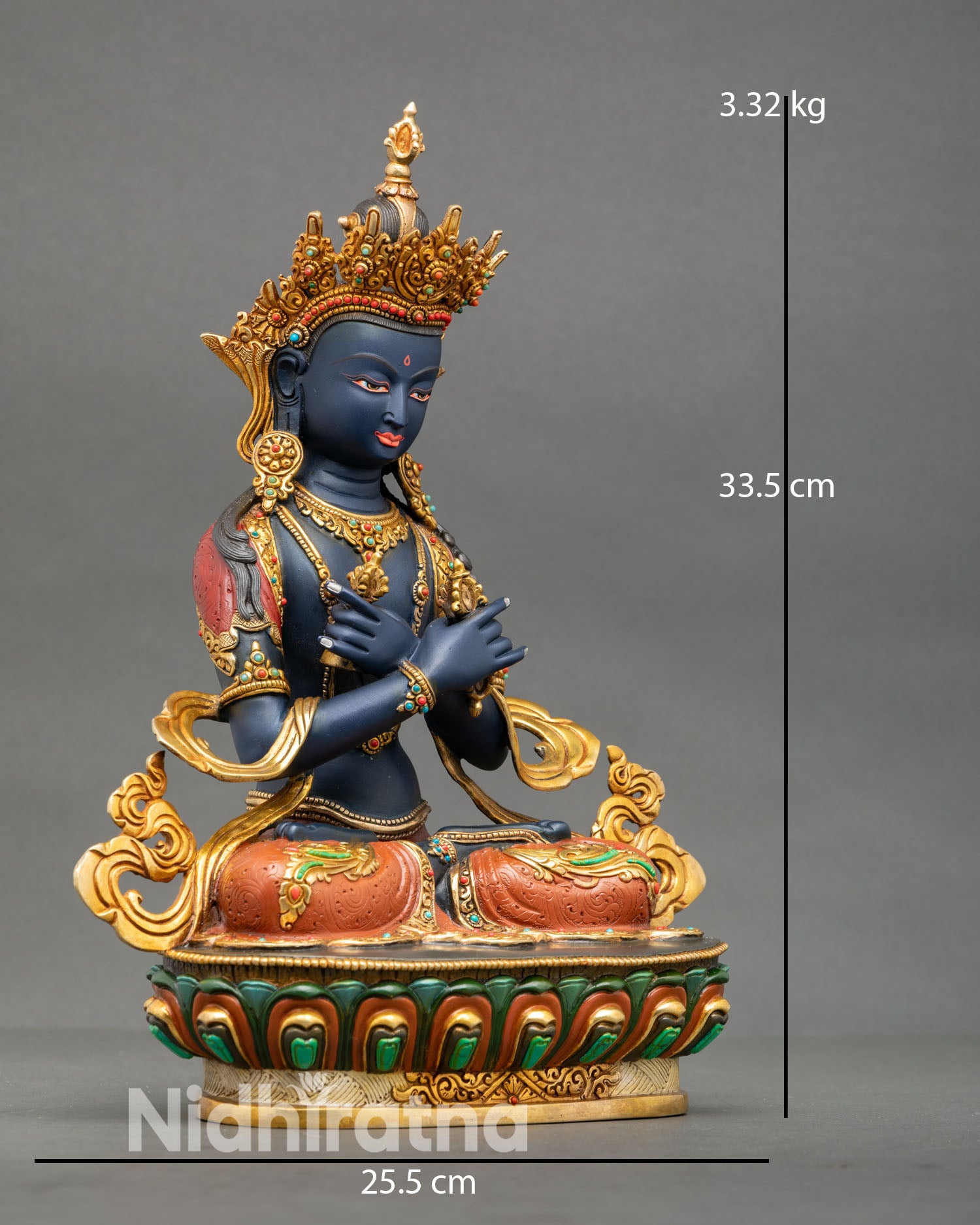 Side view of Vajradhara statue holding vajra and bell symbolizing method and wisdom, with hand painted details and traditional Buddhist art design