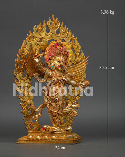 Side view of Vajrakilaya statue with lotus pedestal, intricate Himalayan craftsmanship 