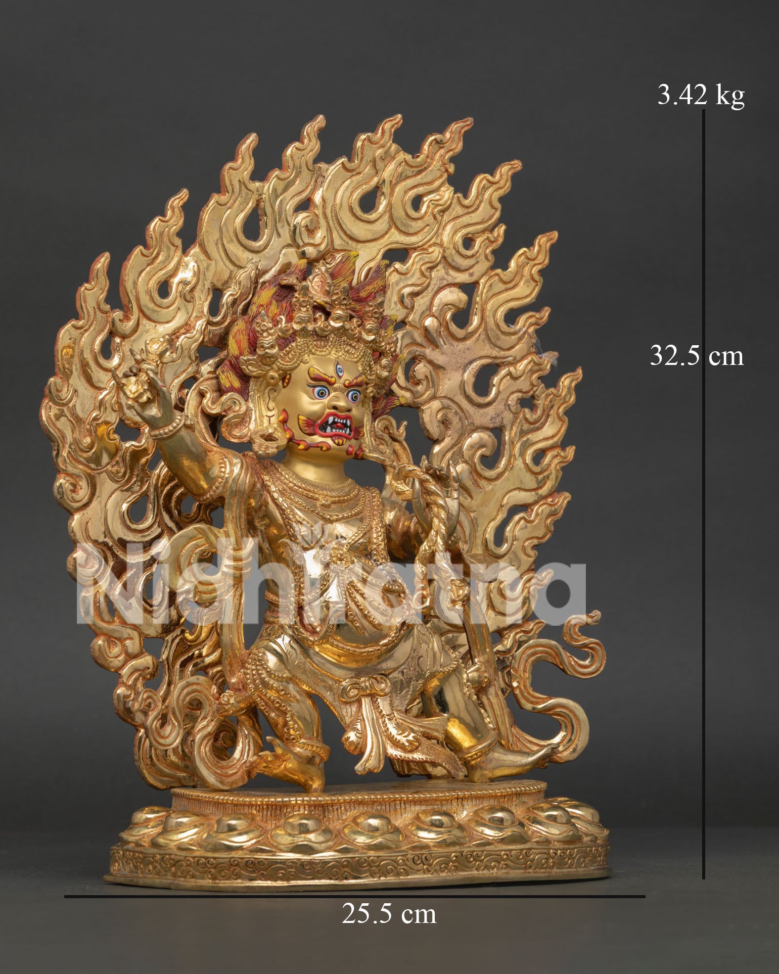 Side View of Vajrapani Statue on Lotus Pedestal Surrounded by Blazing Flames Holding Vajra and Lasso