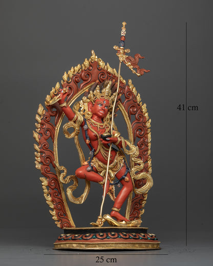 Side view of Vajrayana Dorje Phagmo deity with trident and blazing halo