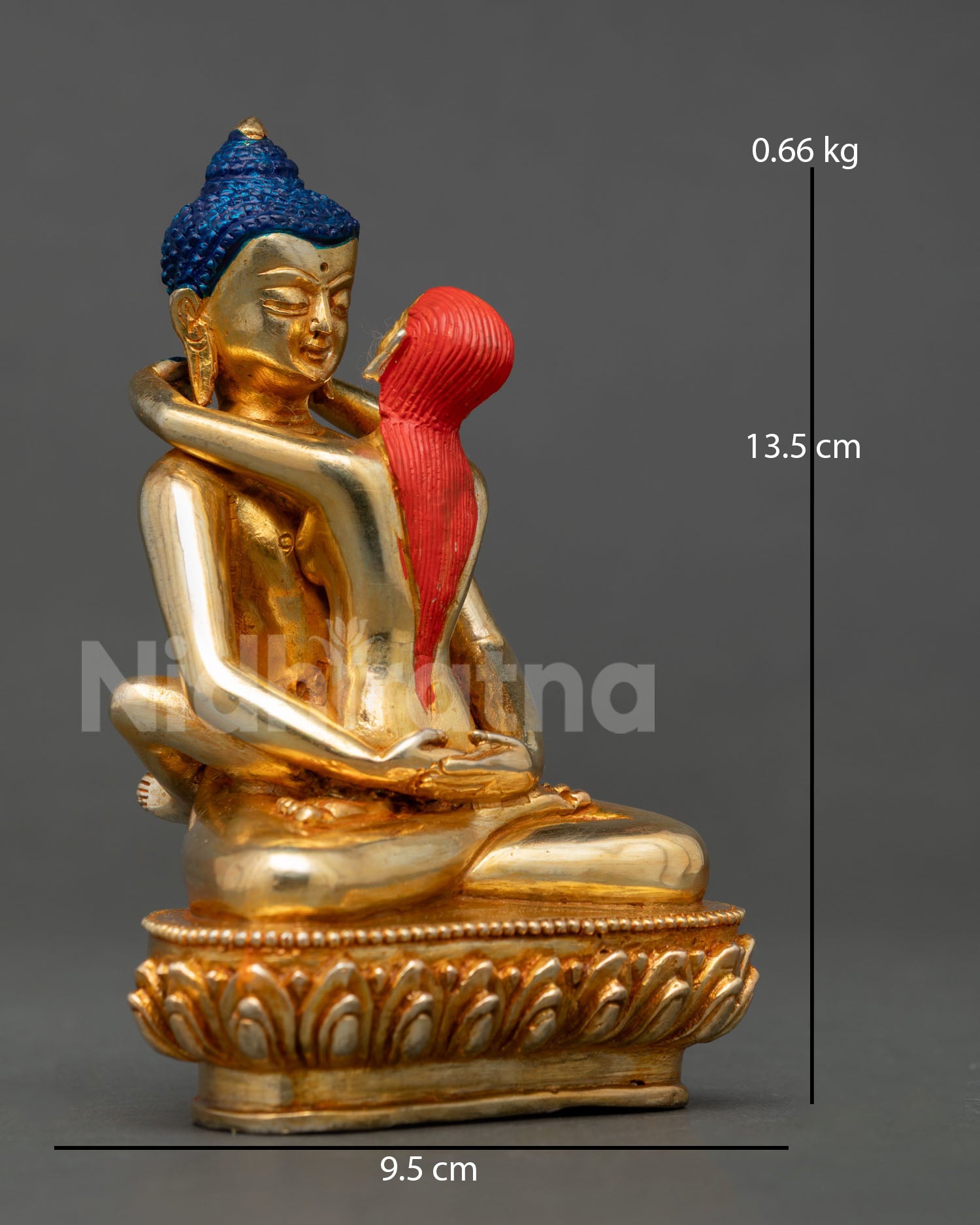 Side view of Vajrayana union sculpture seated on a lotus throne symbolizing wisdom, compassion, and spiritual harmony