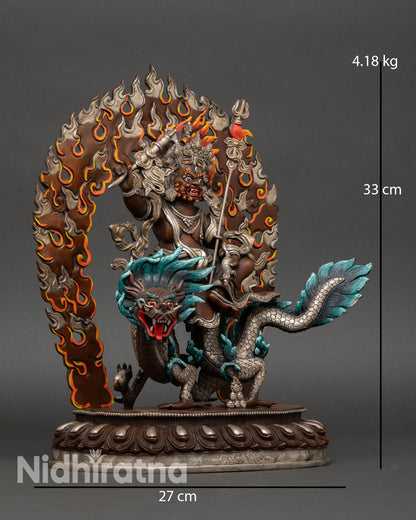 Side view of White Dzambhala on Dragon Kubera with mongoose and trident, symbol of wealth deity