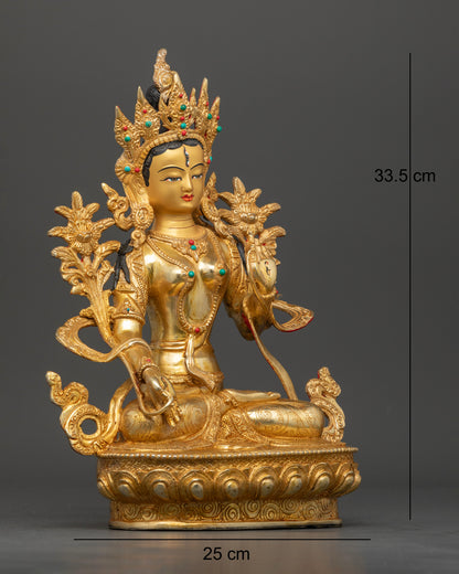 Side view of White Tara seated on lotus pedestal with ornate floral motifs