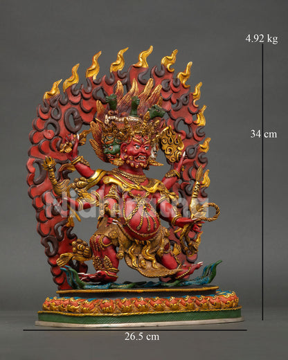 Side view of wrathful Hayagriva sculpture displaying sacred ritual objects, lotus throne, and vibrant acrylic painted details.