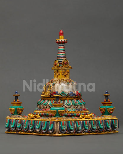 Side view pf ornate Tibetan Buddhist Stupa with tiered lotus base dome harmika and thirteen ring spire, handcrafted Nepalese spiritual shrine with fine metal detailing