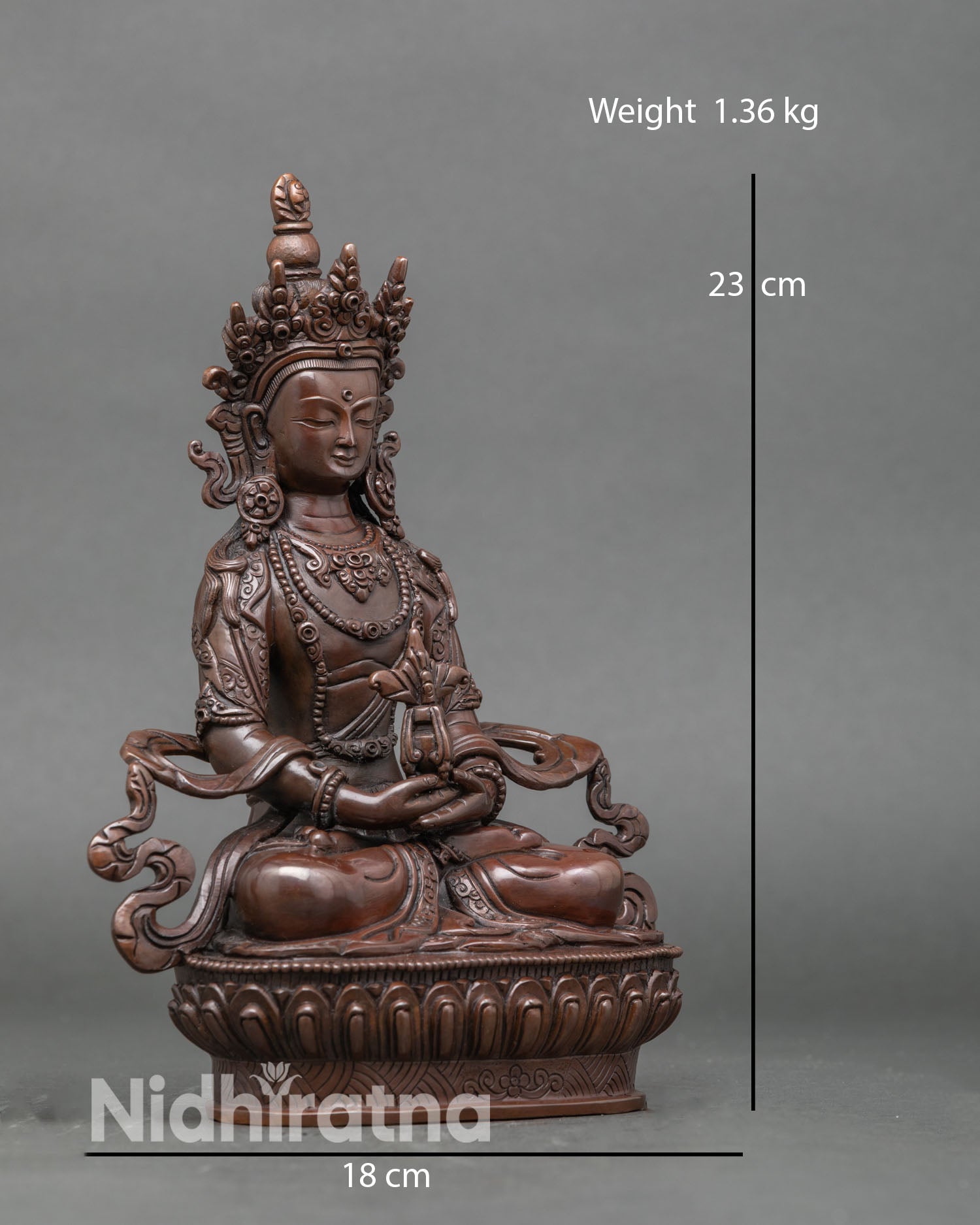 Side view oxidized Amitayus copper sculpture Tibetan Buddhist altar