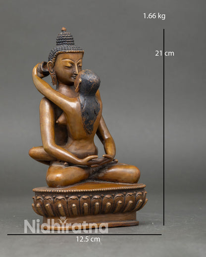 Side view of oxidized copper Samantabhadra Yab Yum statue meditation deity Vajrayana Mahayana sacred spiritual art from Nepal