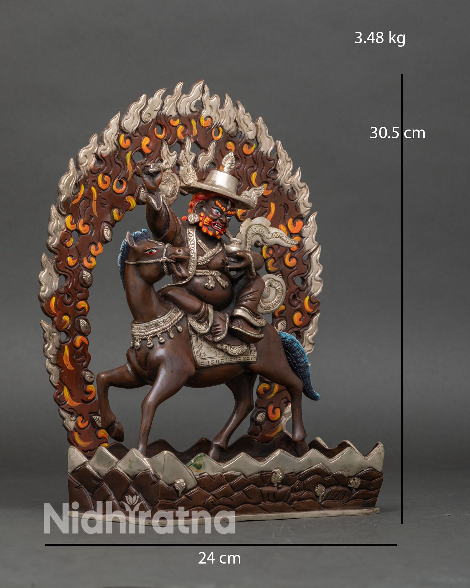Side view of Pehar Gyalpo statue, flaming halo protection energy, Buddhist sculpture