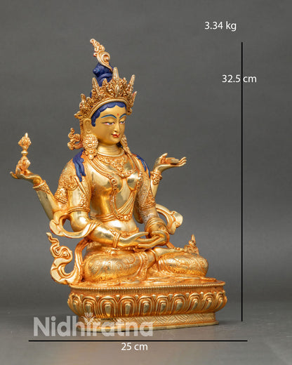 Side view Prajnaparamita statue with intricate robes and gold finish