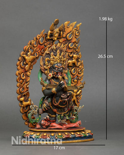 Side view of Sakya Mahakala statue dynamic posture hand-painted robes guardian deity sacred decor
