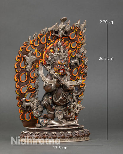 Side view of Sakya Mahakala statue lotus seat tiger skin skirt Himalayan artisan