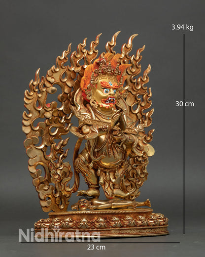 Side view of Sakya Mahakala subduing figure on lotus seat with flaming halo