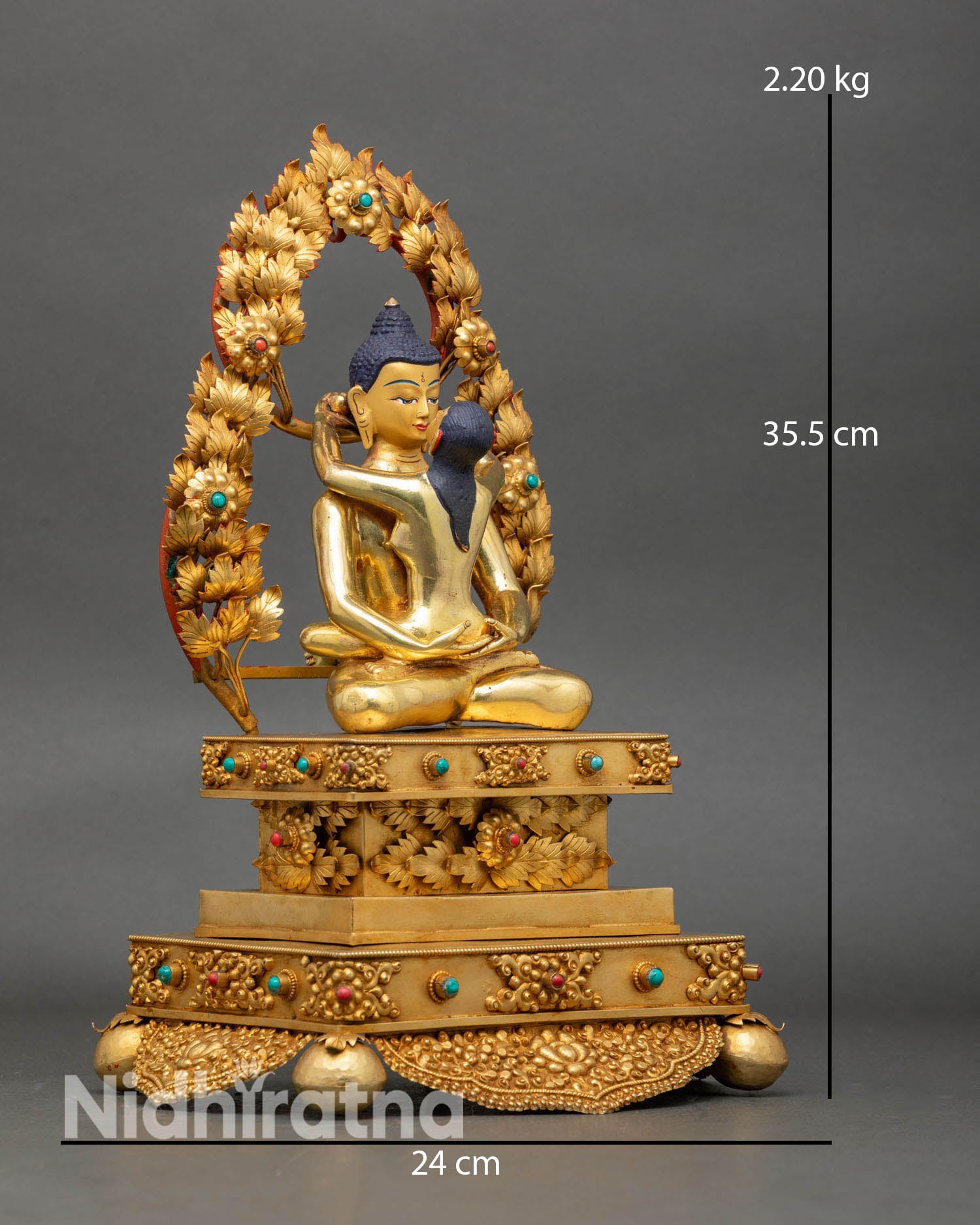 Side view of Samantabhadra union statue seated on lotus throne ornate carving copper Nepal lost wax casting spiritual meditation sculpture