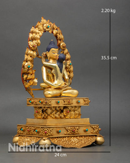 Side view of Samantabhadra union statue seated on lotus throne ornate carving copper Nepal lost wax casting spiritual meditation sculpture