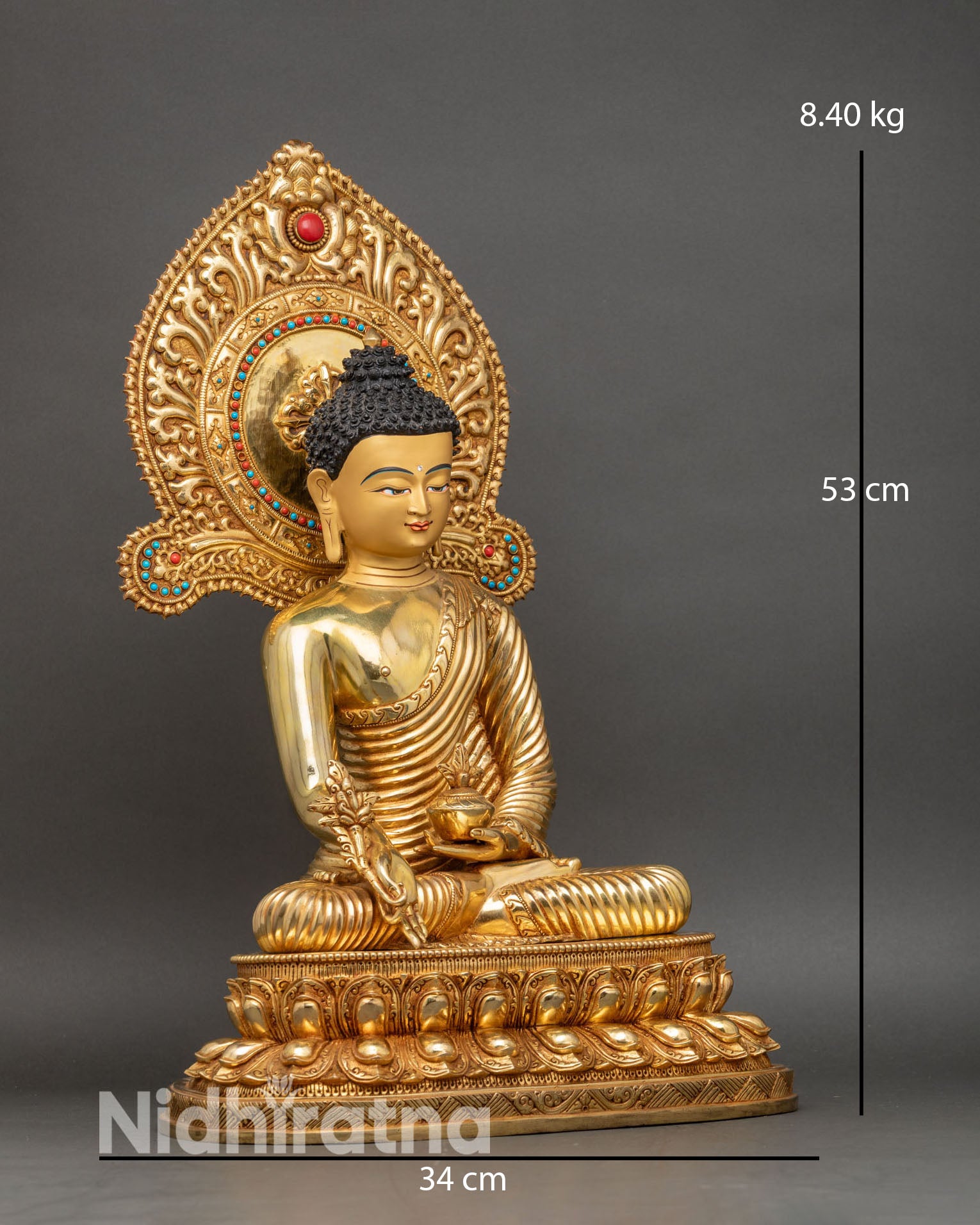 Side view Sangya Menla Medicine Buddha lotus base handcrafted Nepalese statue