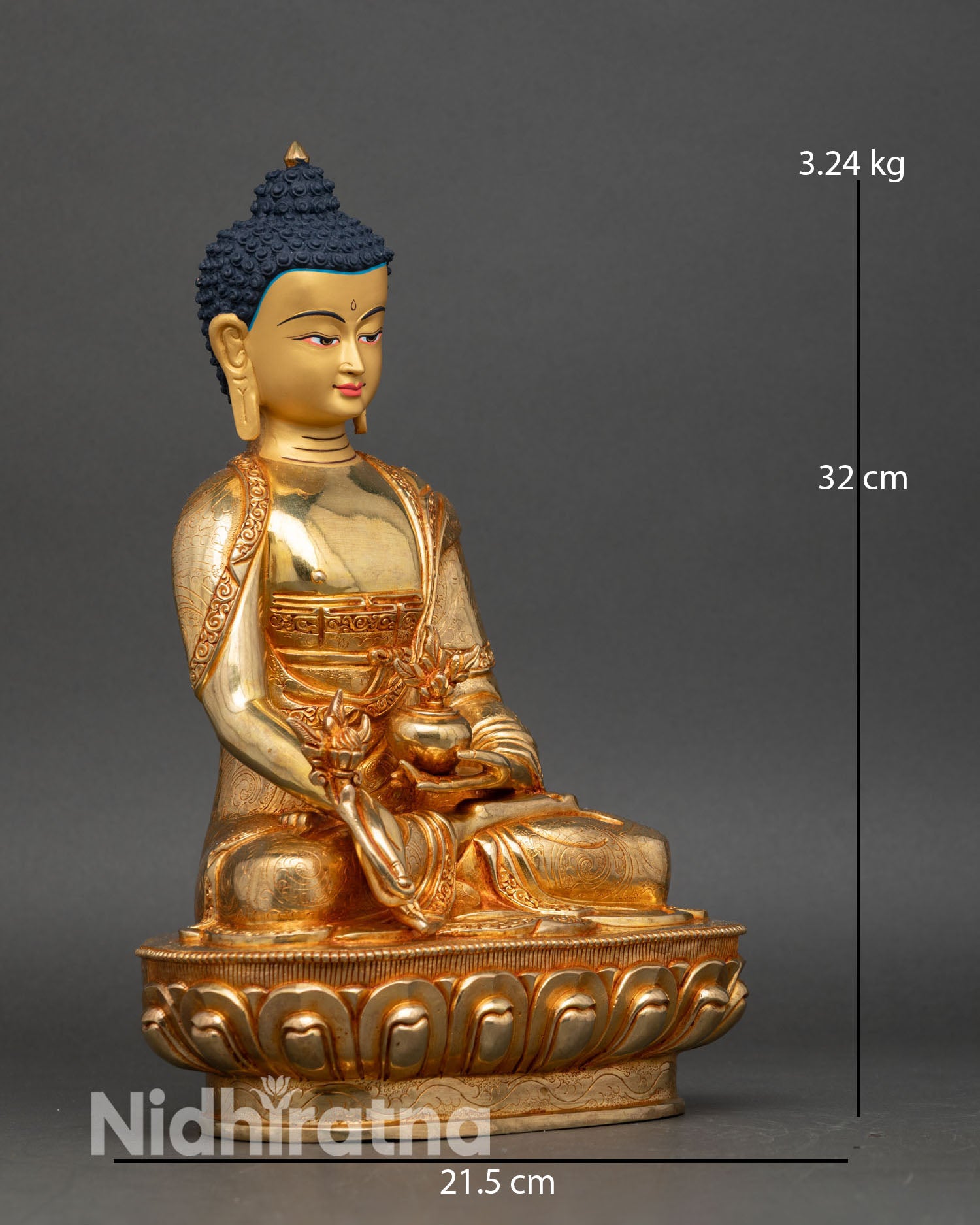 Side view of Sangye Menla healing Buddha lotus seat hand-engraved robes Nepal sculpture