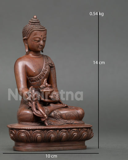 Side view of Medicine Buddha sculpture, extended right hand healing blessing gesture Himalayan Buddhist sacred altar statue