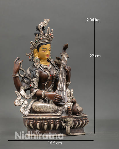 Side view Saraswati holding vina lotus seat copper statue oxidized silver detail for learning spiritual focus